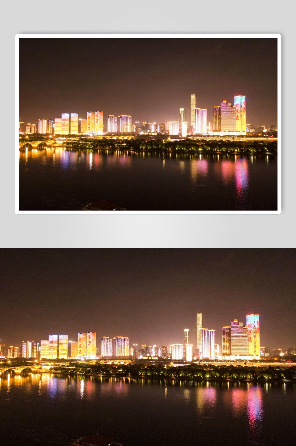 湖南长沙湘江橘子洲夜景灯光航拍素材