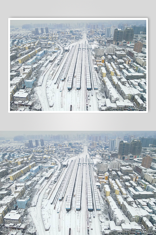 火车站站台冬天雪景航拍摄影图
