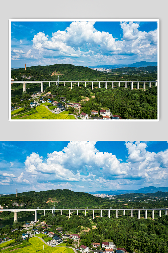 高铁轨道高架桥交通蓝天白云航拍摄影图
