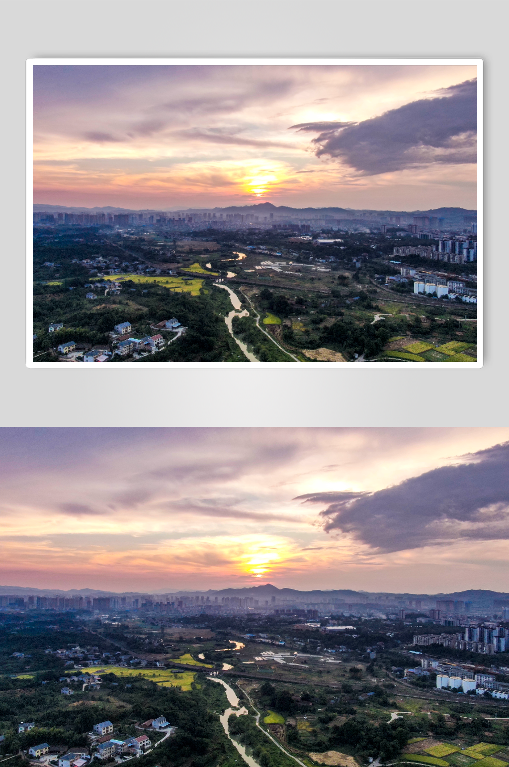 航拍城市夕阳晚霞日落彩霞摄影图素材