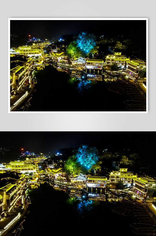 湖南湘西凤凰古城夜景灯光航拍摄影图
