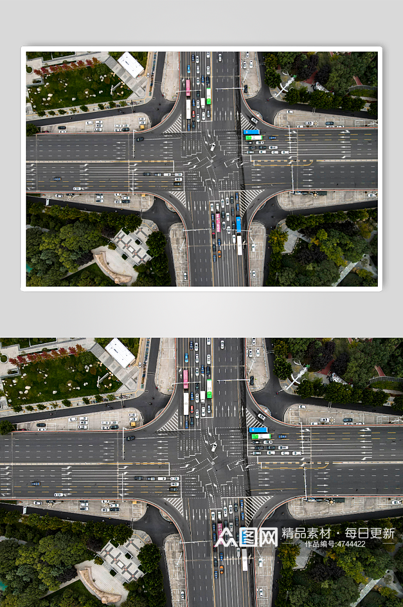 俯拍城市十字交叉路口交通车辆行驶摄影图素材