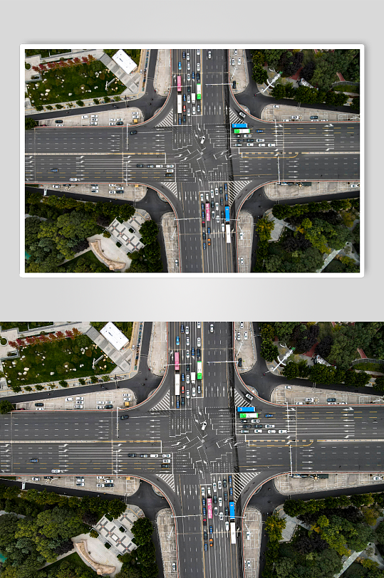 俯拍城市十字交叉路口交通车辆行驶摄影图