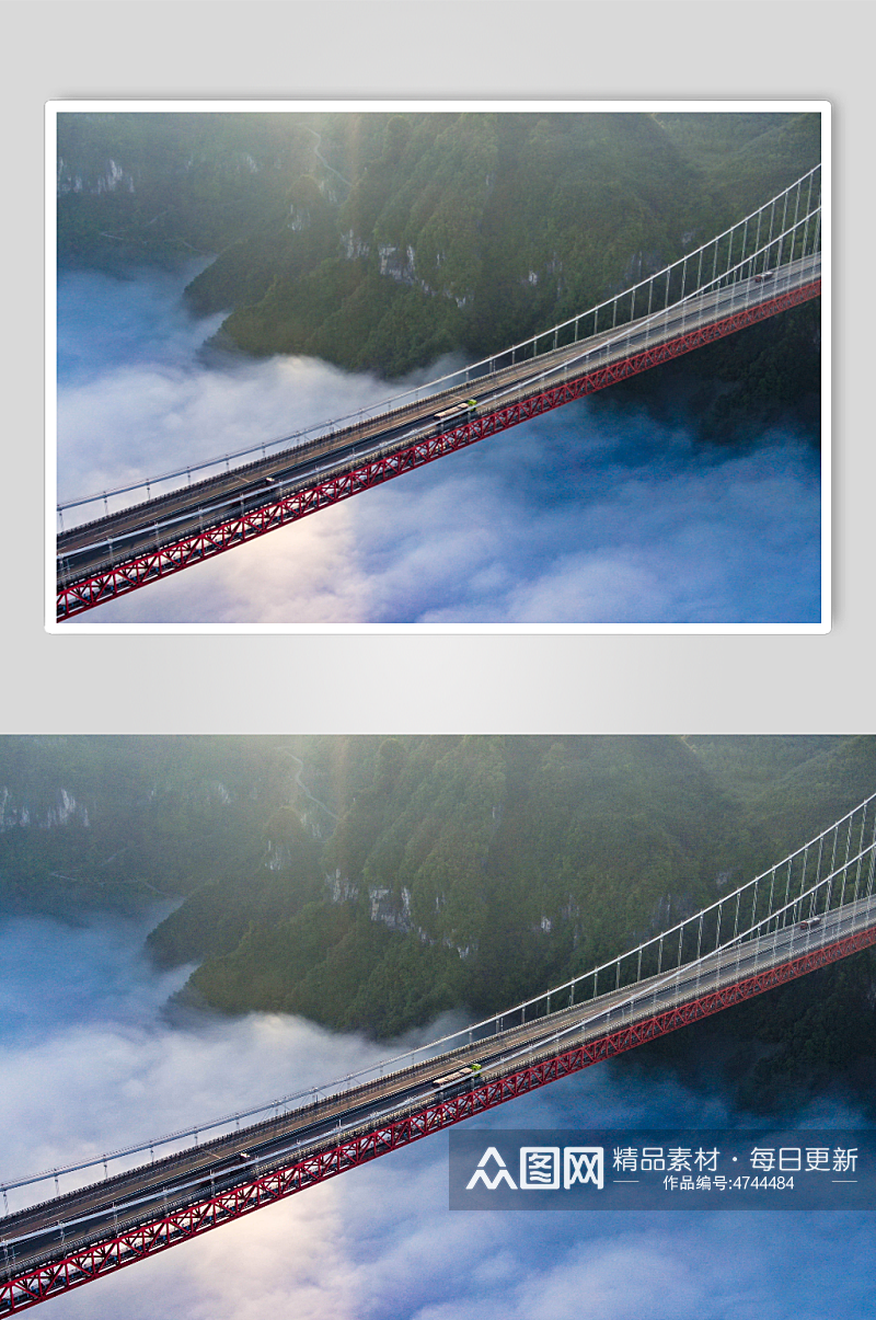 高山峡谷云海桥梁航拍摄影图素材