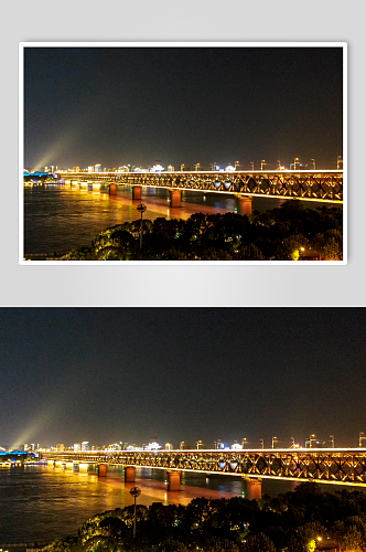 湖北武汉长江大桥夜景灯光航拍摄影图