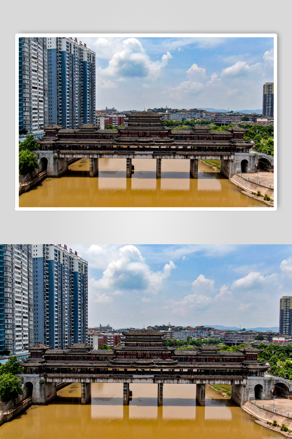 少数民族特色建筑风雨桥航拍摄影图素材