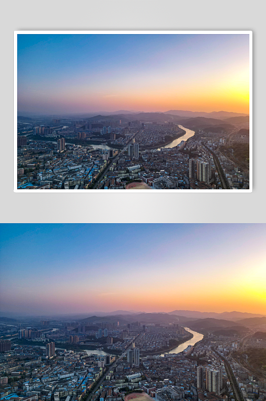 夕阳晚霞中的城市航拍摄影图