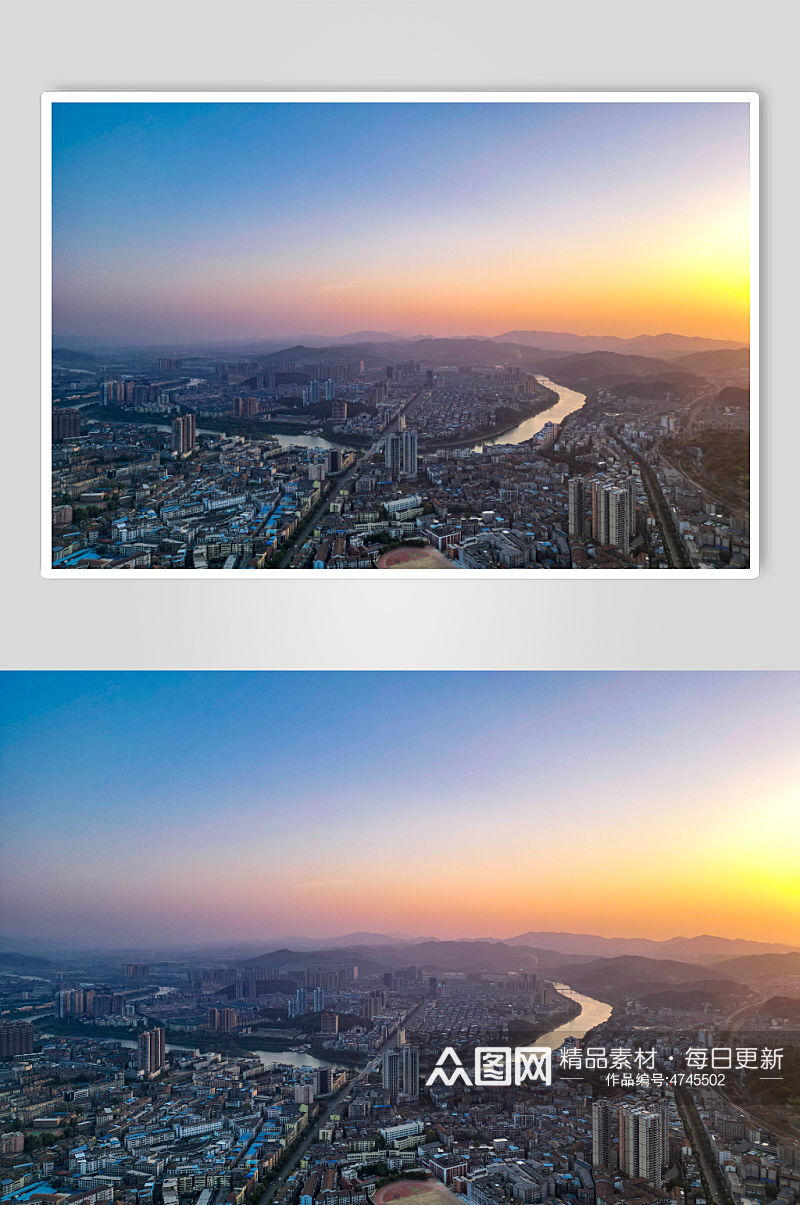 夕阳晚霞中的城市航拍摄影图素材