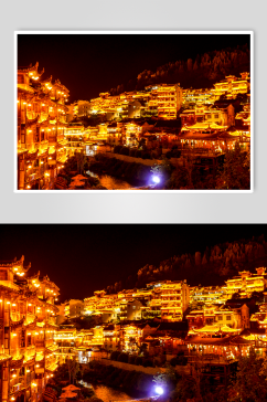 贵州侗寨少数民族特色建筑夜景灯光摄影图