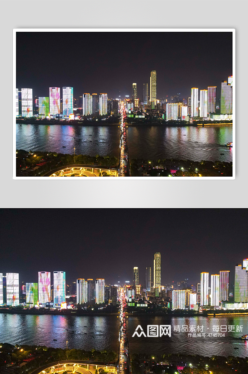 湖南长沙城市CBD夜景灯光航拍摄影图素材