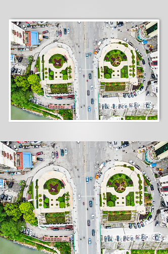 俯拍湖南湘西城市交通车辆行驶摄影图