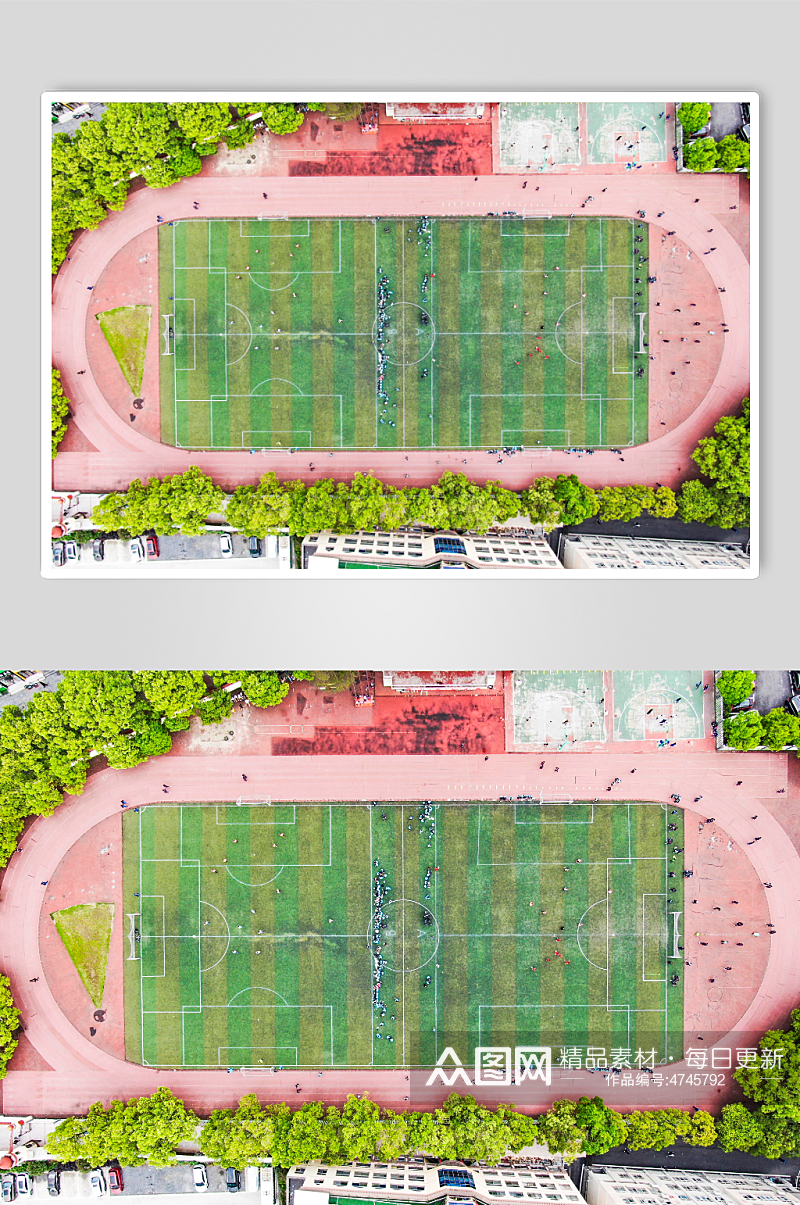 俯拍运动场踢足球比赛运动摄影图素材