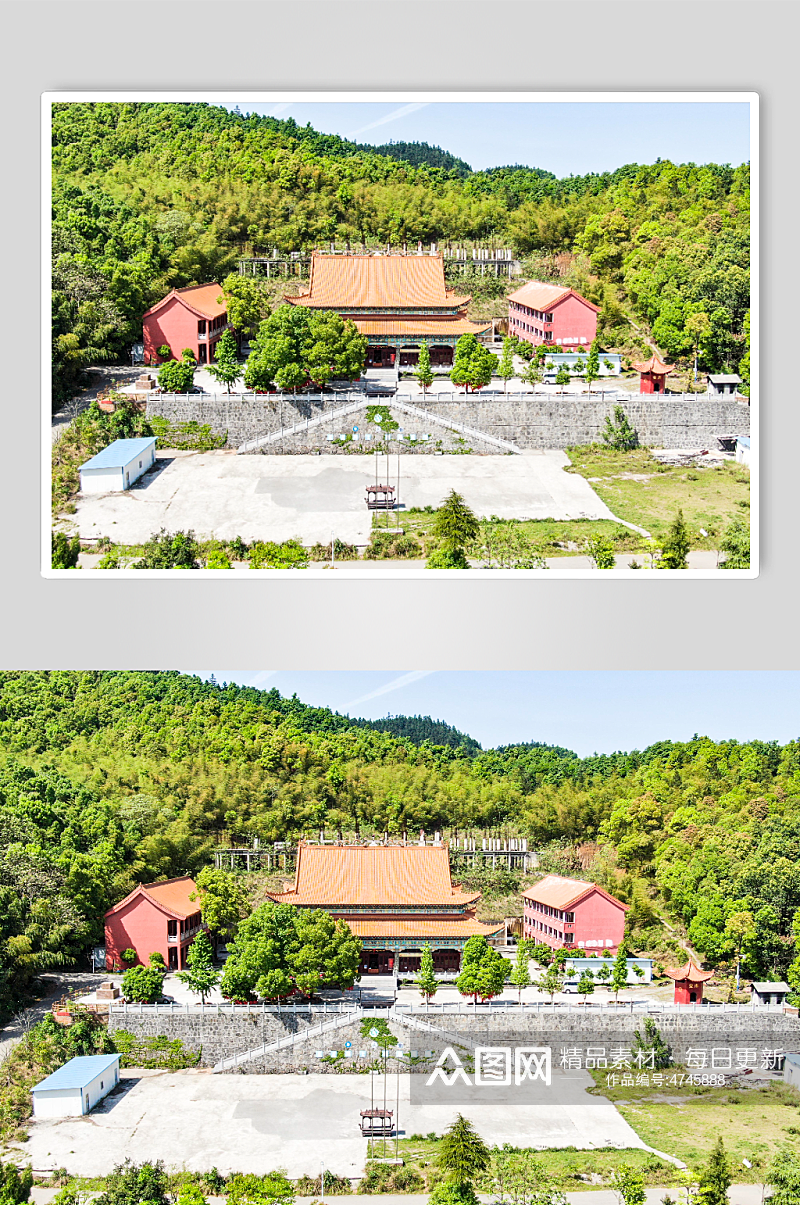 航拍大山中寺庙古建筑航拍摄影图素材