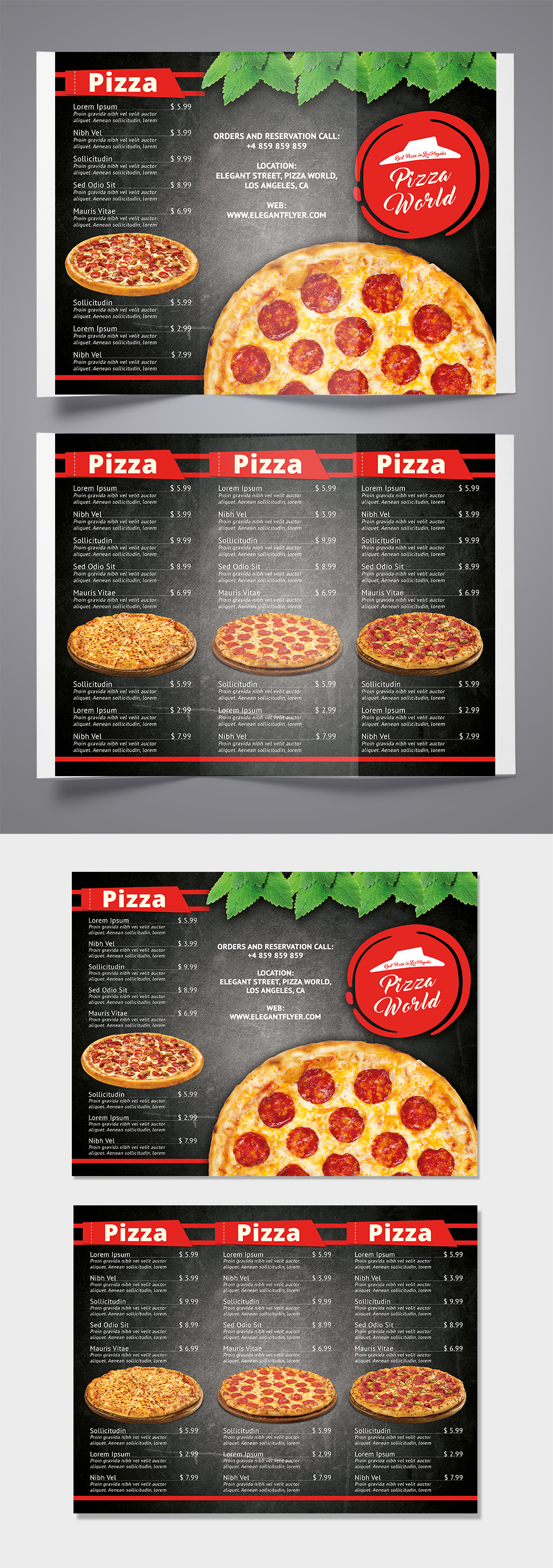 黑色简约pizza披萨店菜单三折页