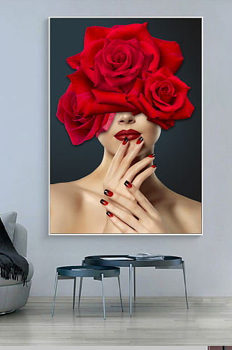 现代轻奢美女人物装饰画 现代玫瑰美女红色装饰画