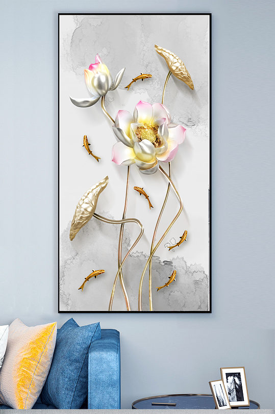 新中式荷花发财鱼装饰画-众图网