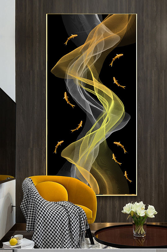 抽象金色线条九鱼图装饰画-众图网