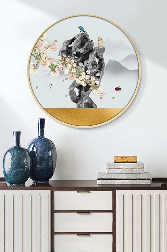 新中式工笔花鸟太湖石画-众图网