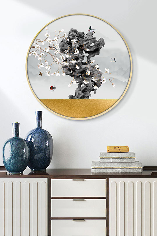 新中式山水太湖石装饰画-众图网