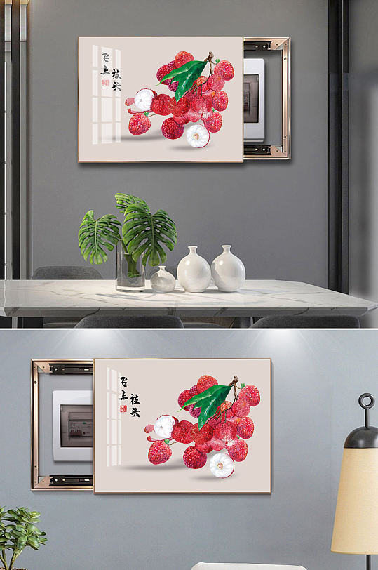 新中式轻奢抽象手绘植物电表箱装饰画-众图网