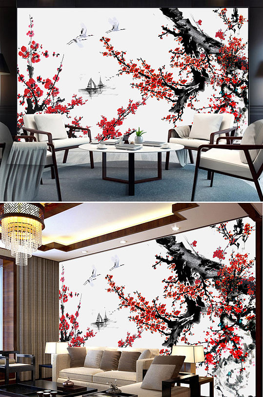 新中式水墨手绘梅花电视背景墙