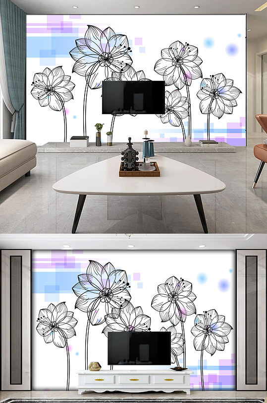 现代简约手绘素描花卉电视背景墙