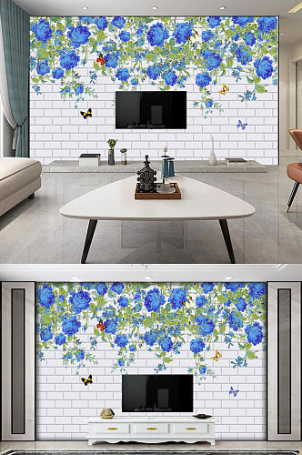 北欧现代清新手绘藤蔓蓝色花卉背景墙壁画