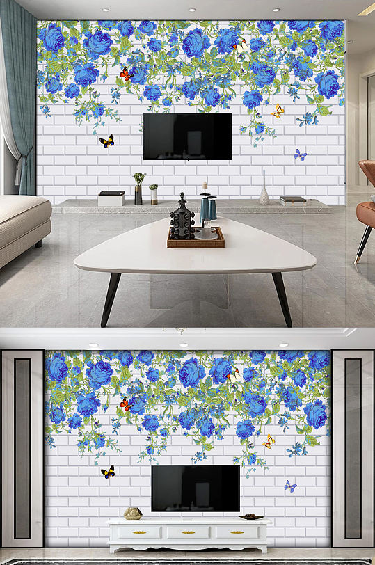 北欧现代清新手绘藤蔓蓝色花卉背景墙壁画