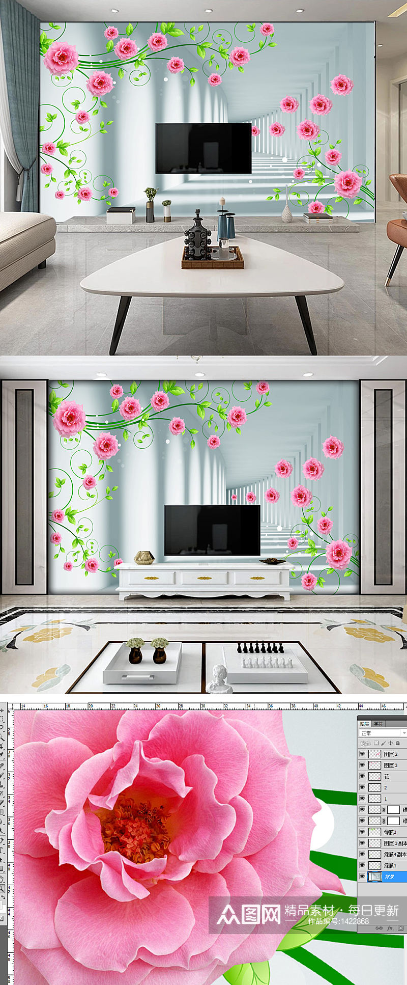 空间拓展梦幻花卉花朵3D立体电视背景墙素材