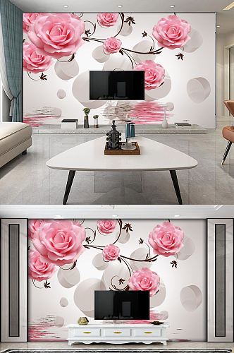 梦幻粉色花朵3D立体电视背景墙