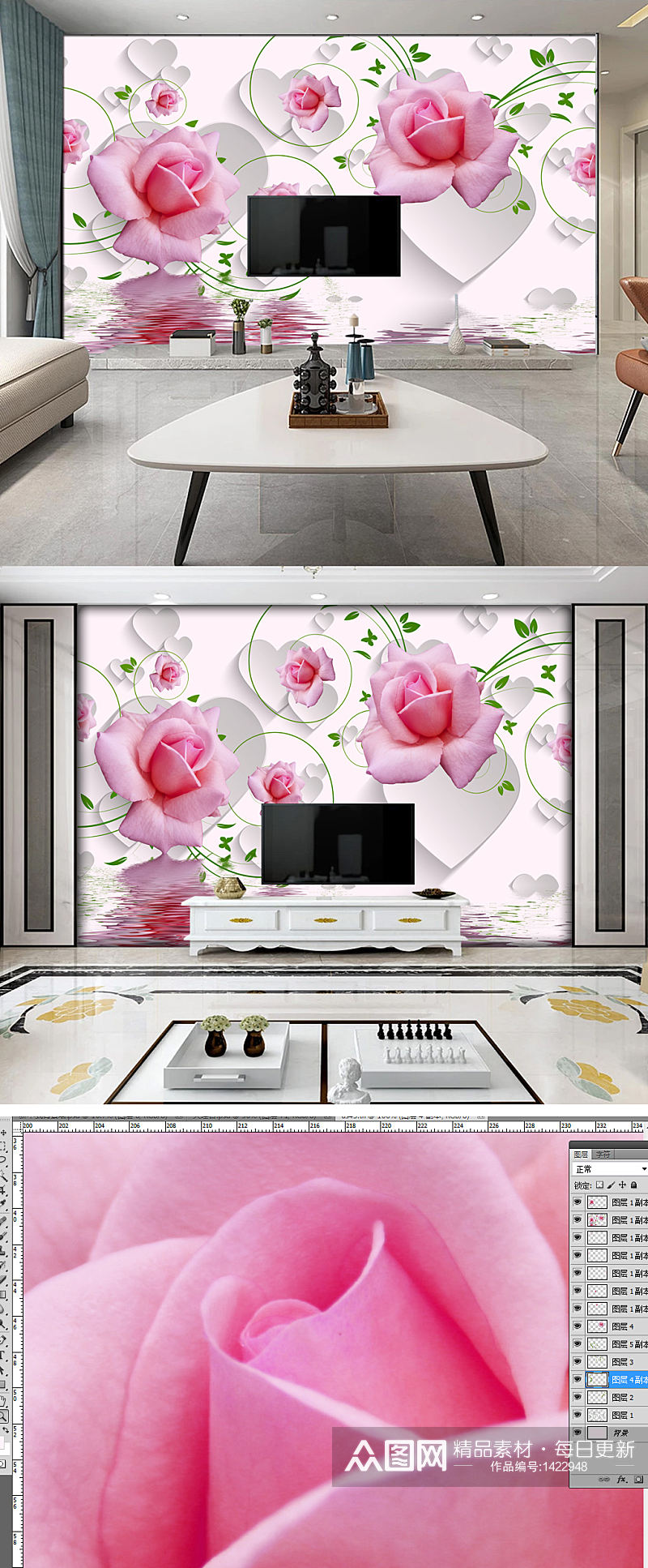 梦幻粉色花朵3D立体电视背景墙素材
