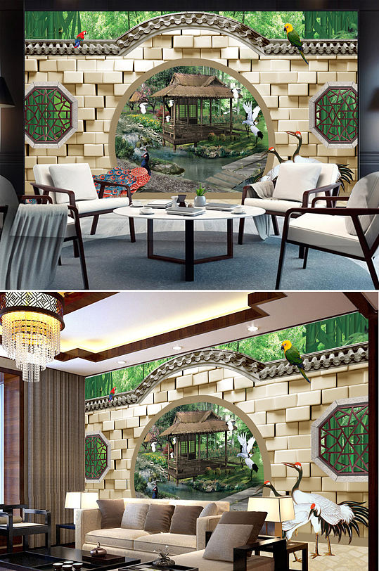 中国风中式古典窗台风景画3D电视背景墙
