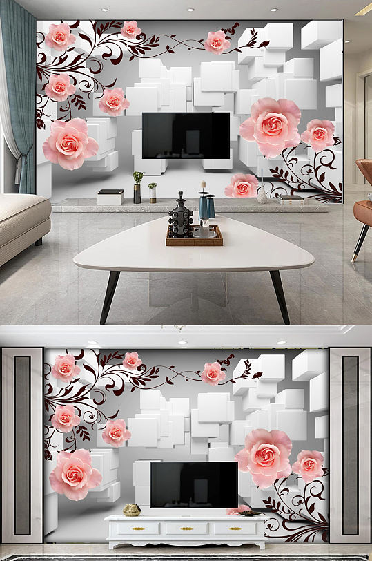 梦幻玫瑰花朵3D立体壁画电视背景墙