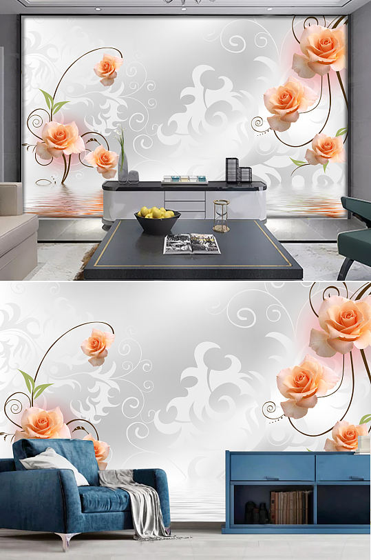 素雅3d立体花卉倒影背景墙壁画
