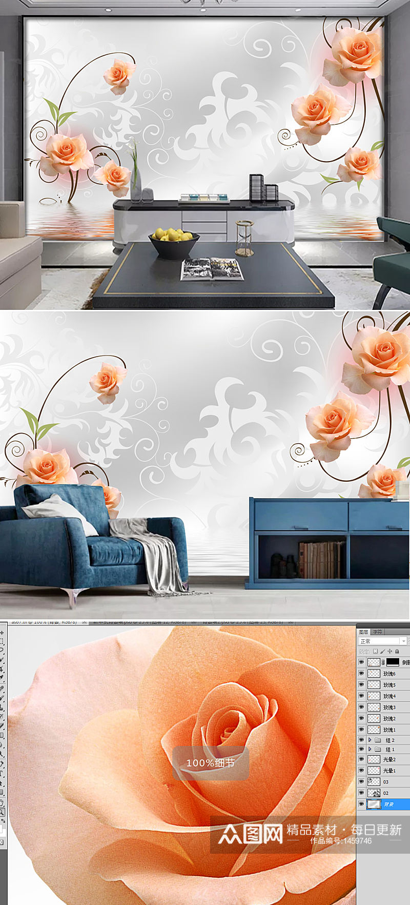 素雅3d立体花卉倒影背景墙壁画素材