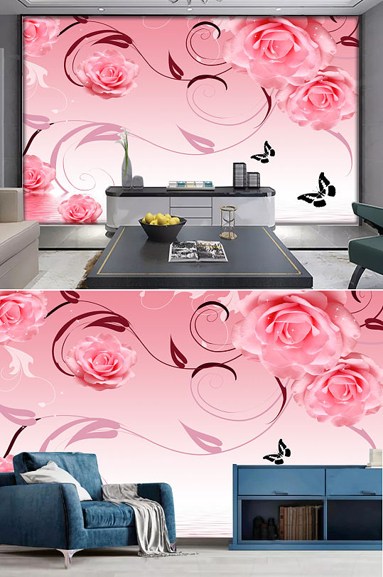 现代简约手绘玫瑰花朵小清新电视背景墙