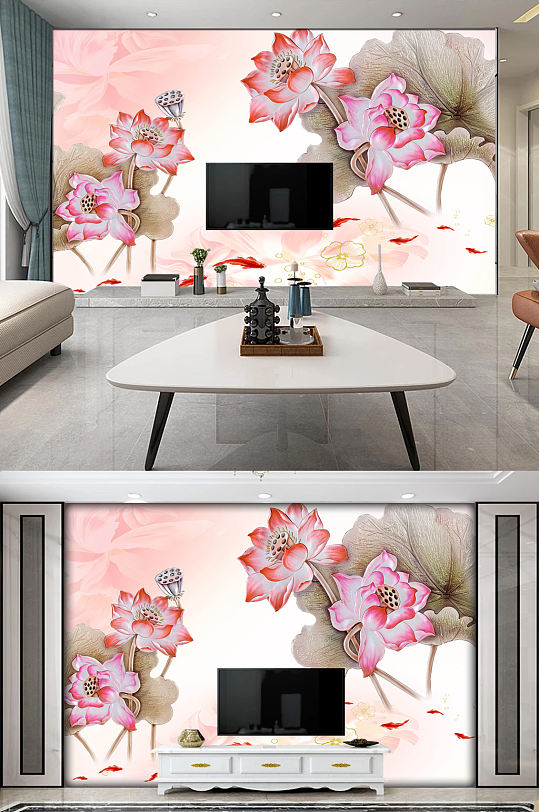 家和万事兴彩雕荷花背景墙装饰画-众图网