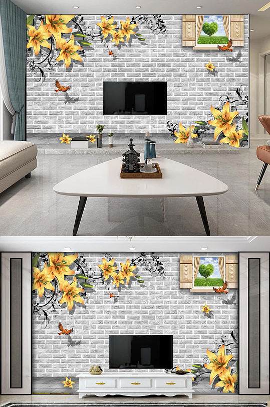手绘花朵砖墙电视背景墙