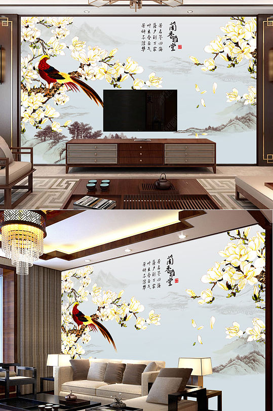 山水现代简约新中式花鸟山水背景墙-众图网