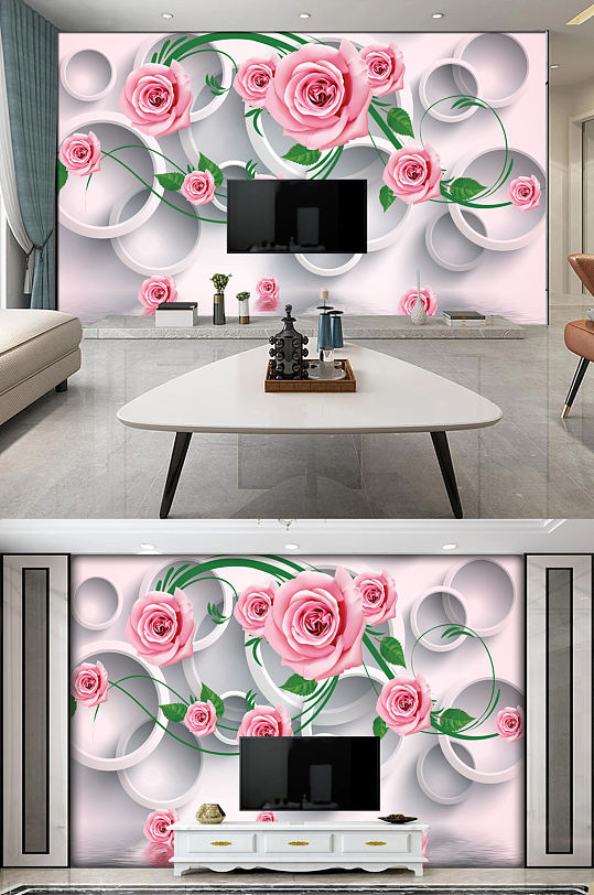玫瑰倒影3D立体圆圈电视背景墙-众图网