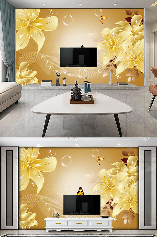 梦幻花朵3D立体壁画电视背景墙-众图网