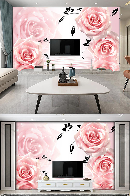 现代简约3D立体玫瑰倒影背景墙-众图网
