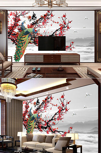 新中式手绘梅花牡丹花鸟背景墙