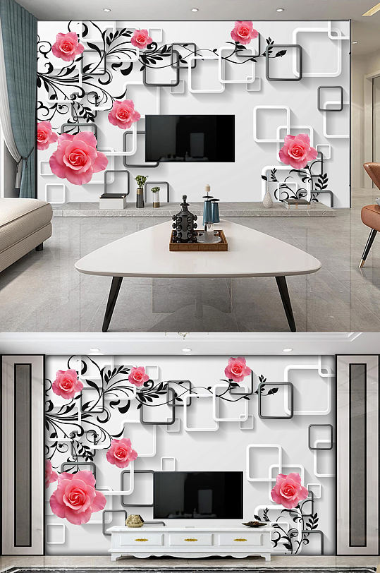 现代简约3D立体玫瑰电视背景墙-众图网
