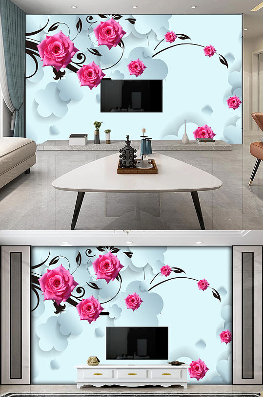 梦幻粉色花朵3D立体电视背景墙