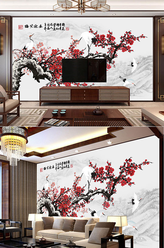 新中式手绘梅花山水花鸟背景墙