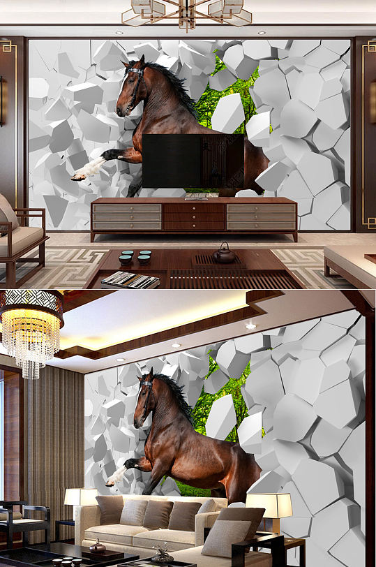 3D立体空间拓展骏马背景墙-众图网