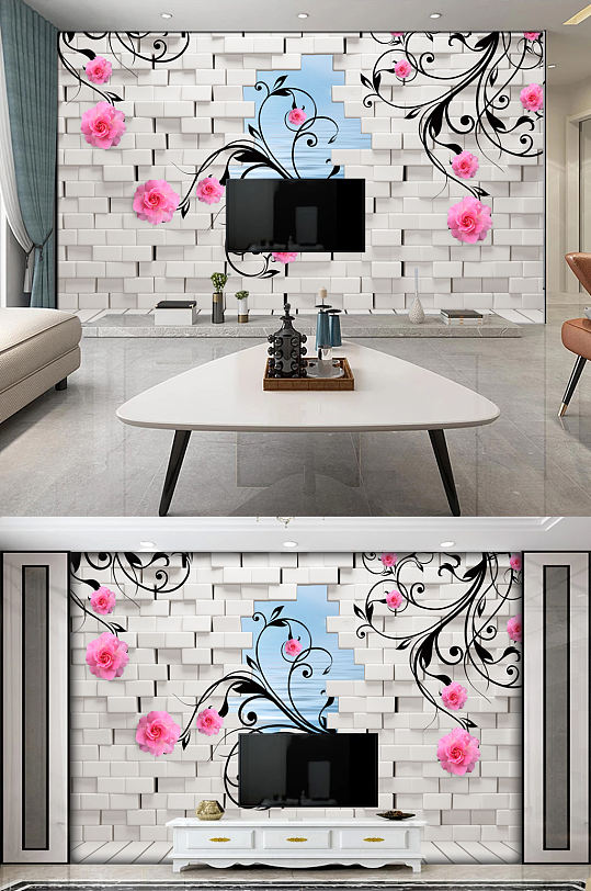 现代简约3D立体玫瑰花背景墙-众图网