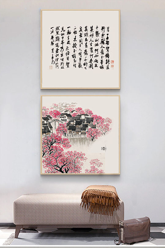 手绘桃花新中式意境山水工笔花鸟装饰画-众图网