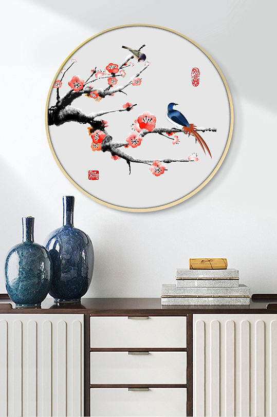 新中式手绘梅花飞鸟玄关背景墙装饰画